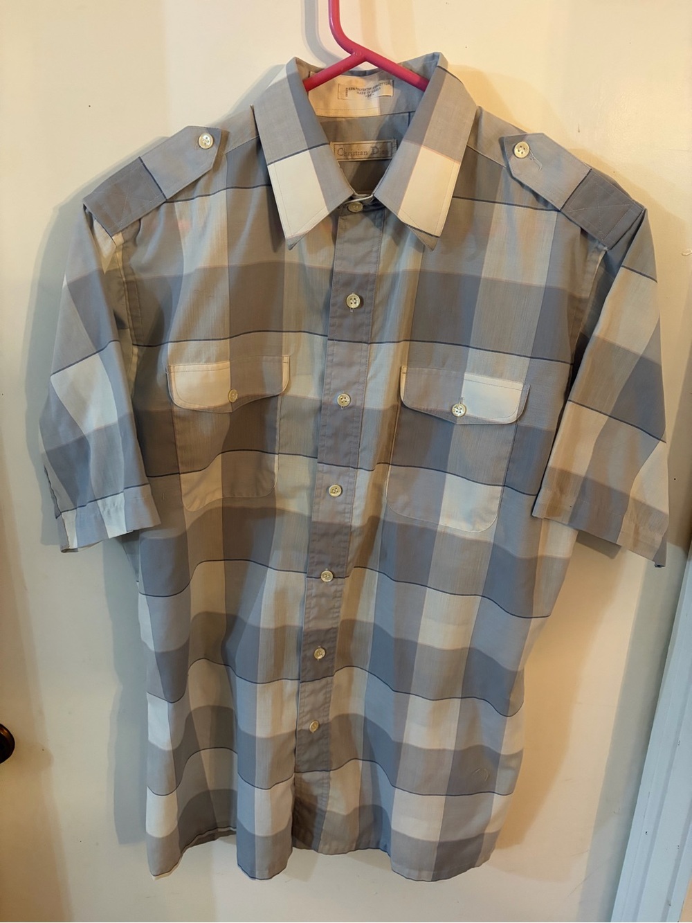 Dior Men's Gray and Cream Windowpane Button-Down Shirt